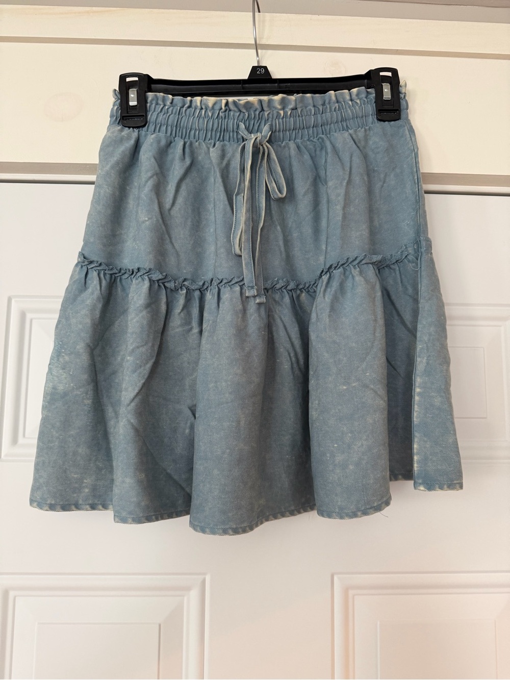 Zenana Outfitters Washed Light Blue Tiered Drawstring Skirt